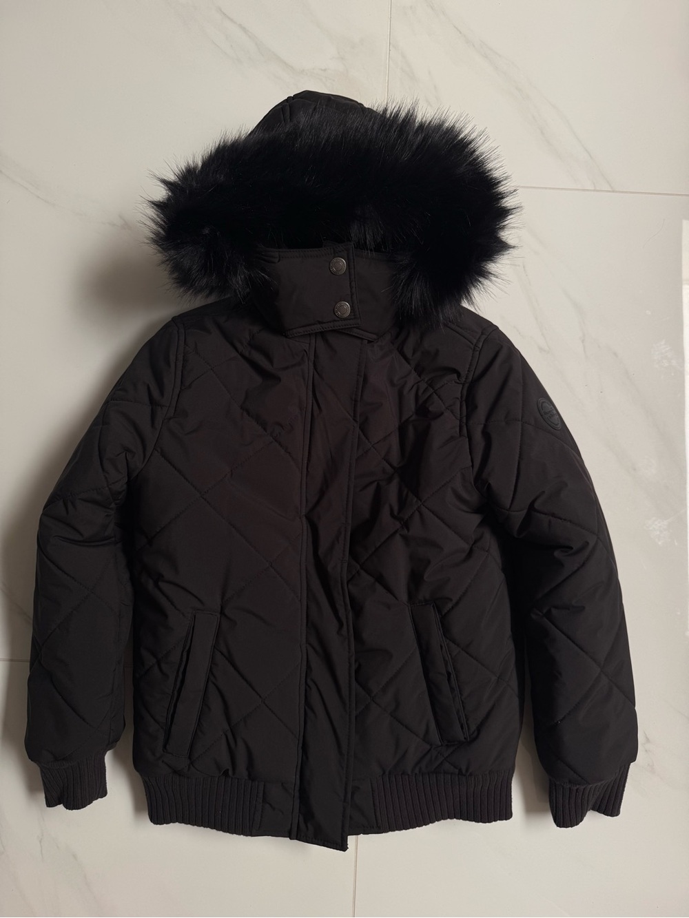 abercrombie kids Black Quilted Hooded Puffer with Faux Fur Trim